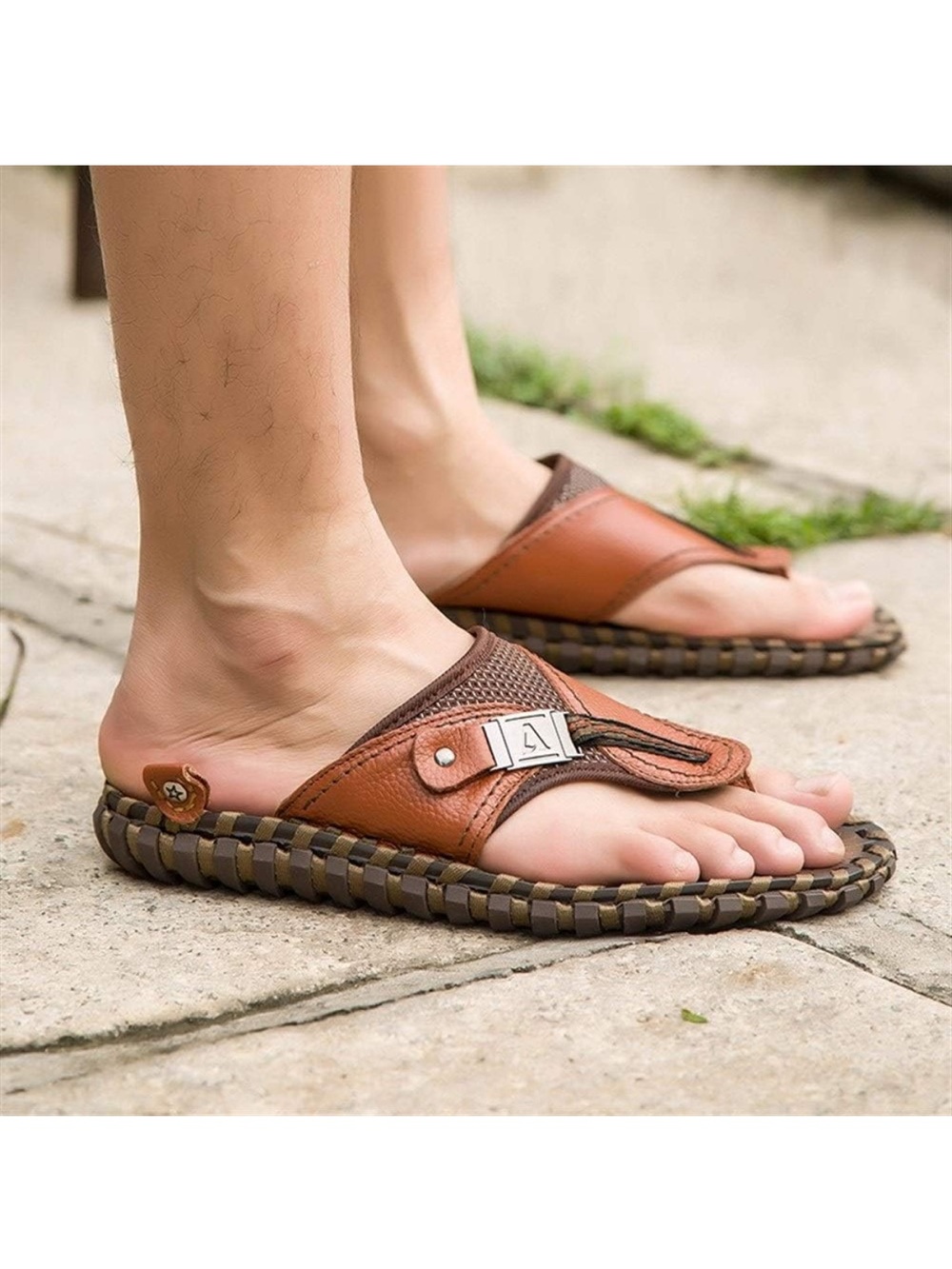 Men's Brown Leather Slide Sandals